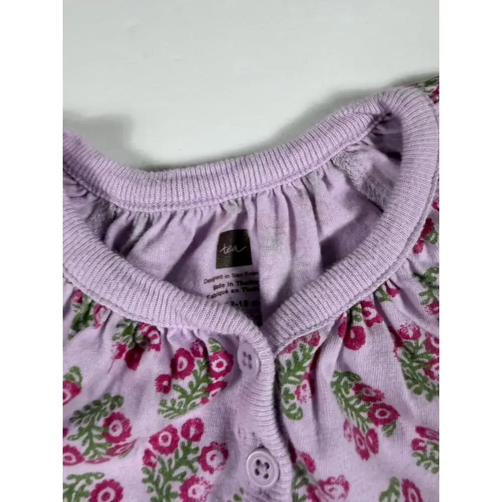 Tea Collection Floral Henley Romper Pink Purple Size 12-18 Months